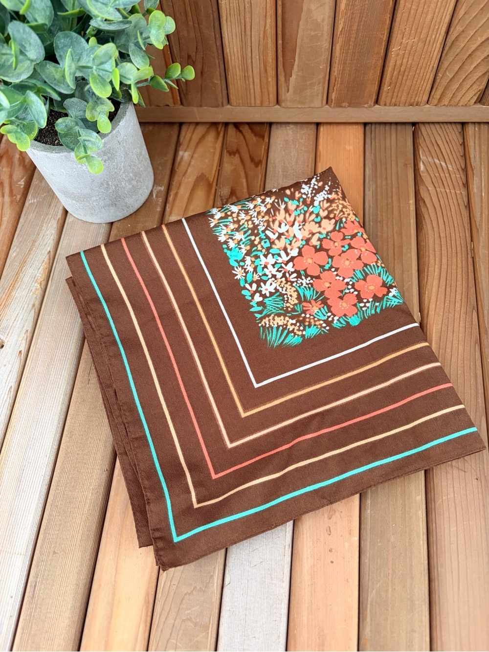 Vintage Boho Brown Floral MCM Floral Pin Stripe Square Scarf